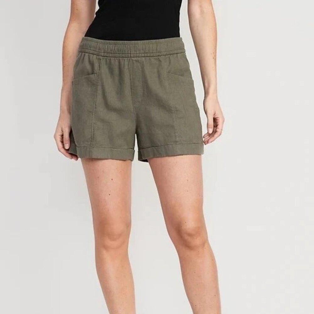 Old Navy Women's Short, High-Waisted Linen-Blend Utility Shorts for Women, Green